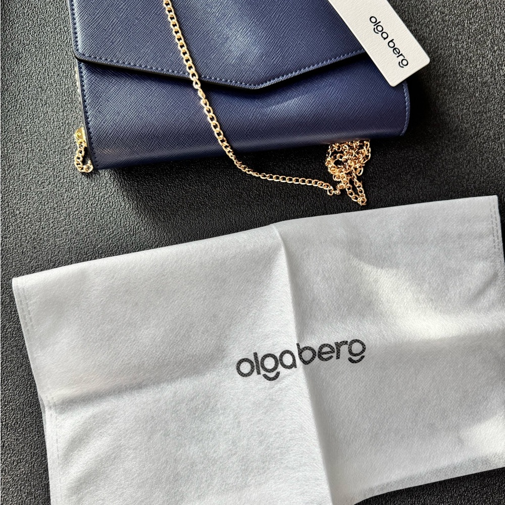 Olga Berg Midnight Blue Clutch with Gold Chain